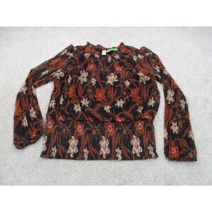JOIE Top Women Large Black Orange Shimmer Floral Pleated Blouse Shirt Popover